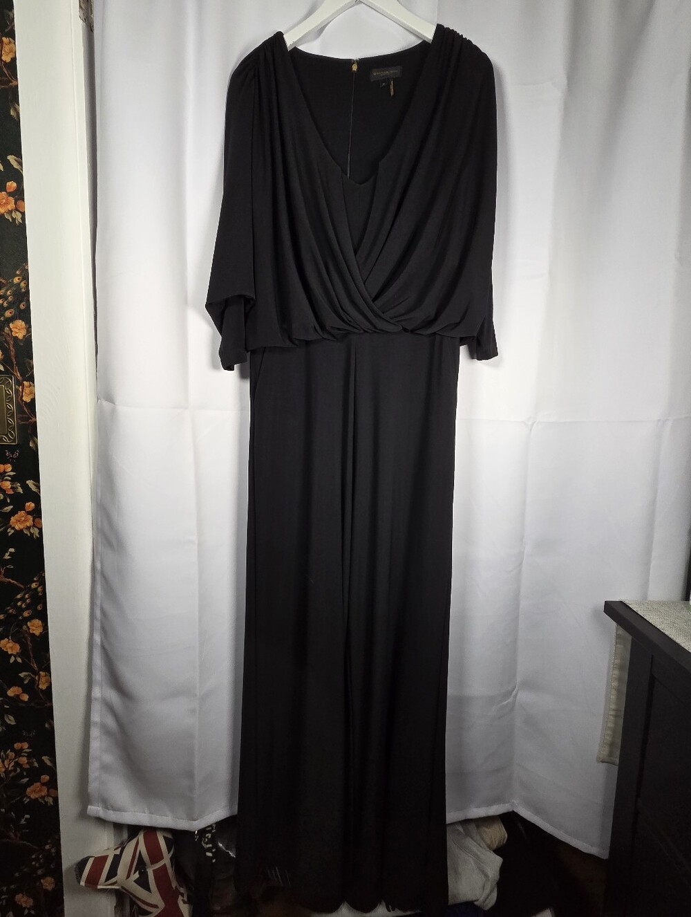 Donna Karan Black Stretch Jersey Wide Leg Jumpsuit Women's 10 Draped 3/4 Sleeve
